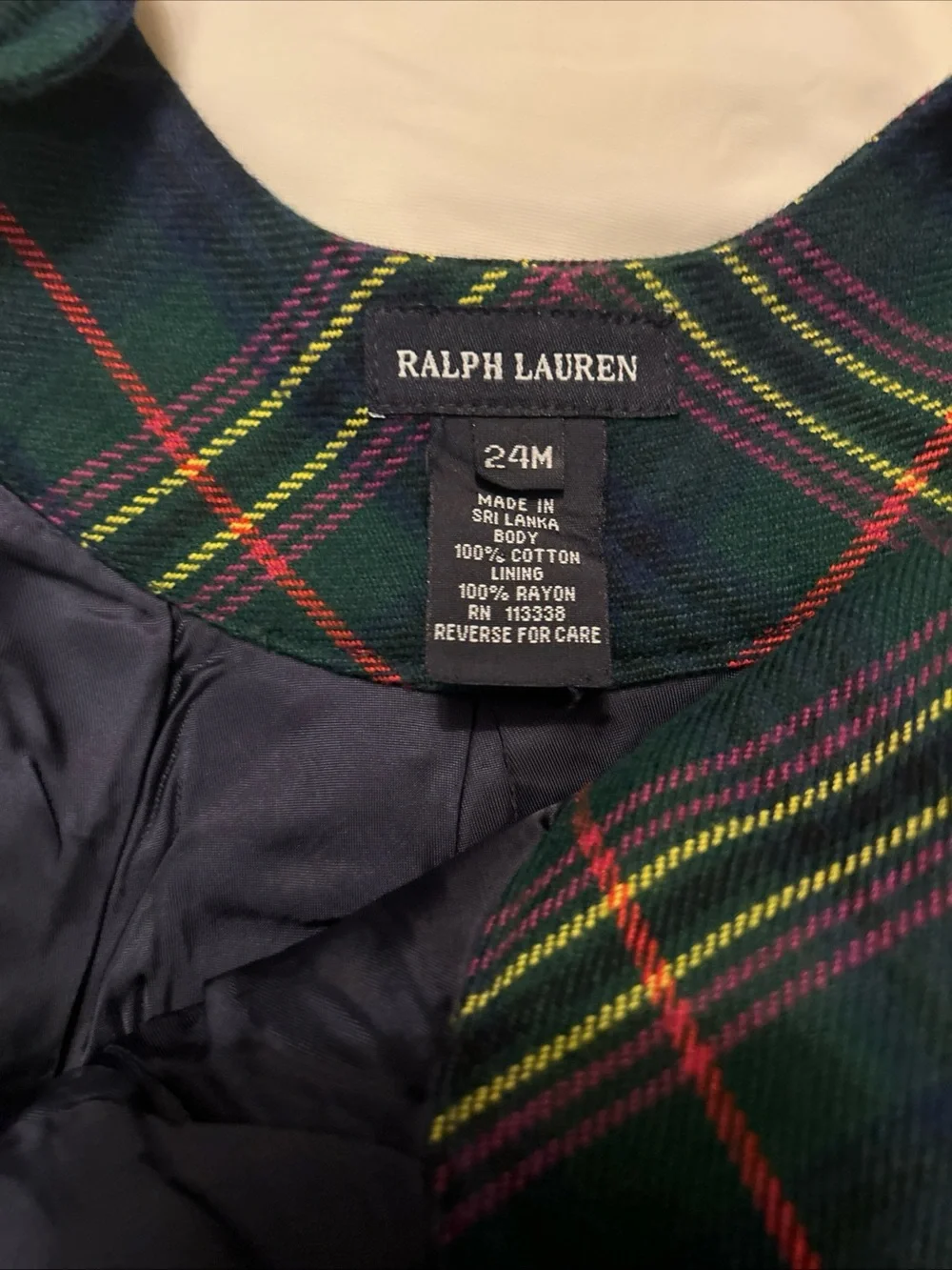 Ralph Lauren Girls' Navy Green Tartan Plaid Tank Dress Red & Yellow Accents 24 M
